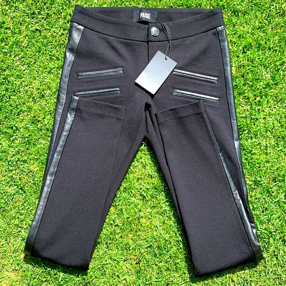 PAIGE BRAND NWT Black pants w/stretch and a gorgeous black leather stripe detail